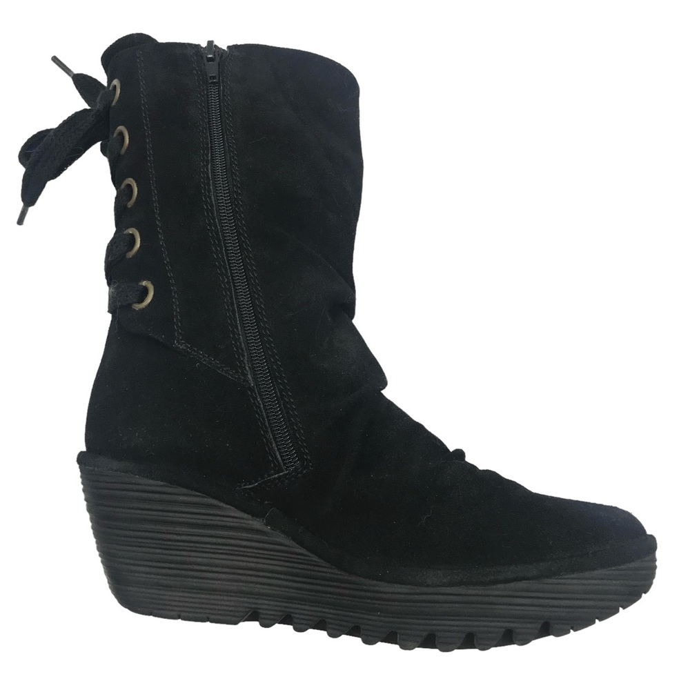 Fly London Yada Boots Black Suede Lace Up Wedge Calf Size 40